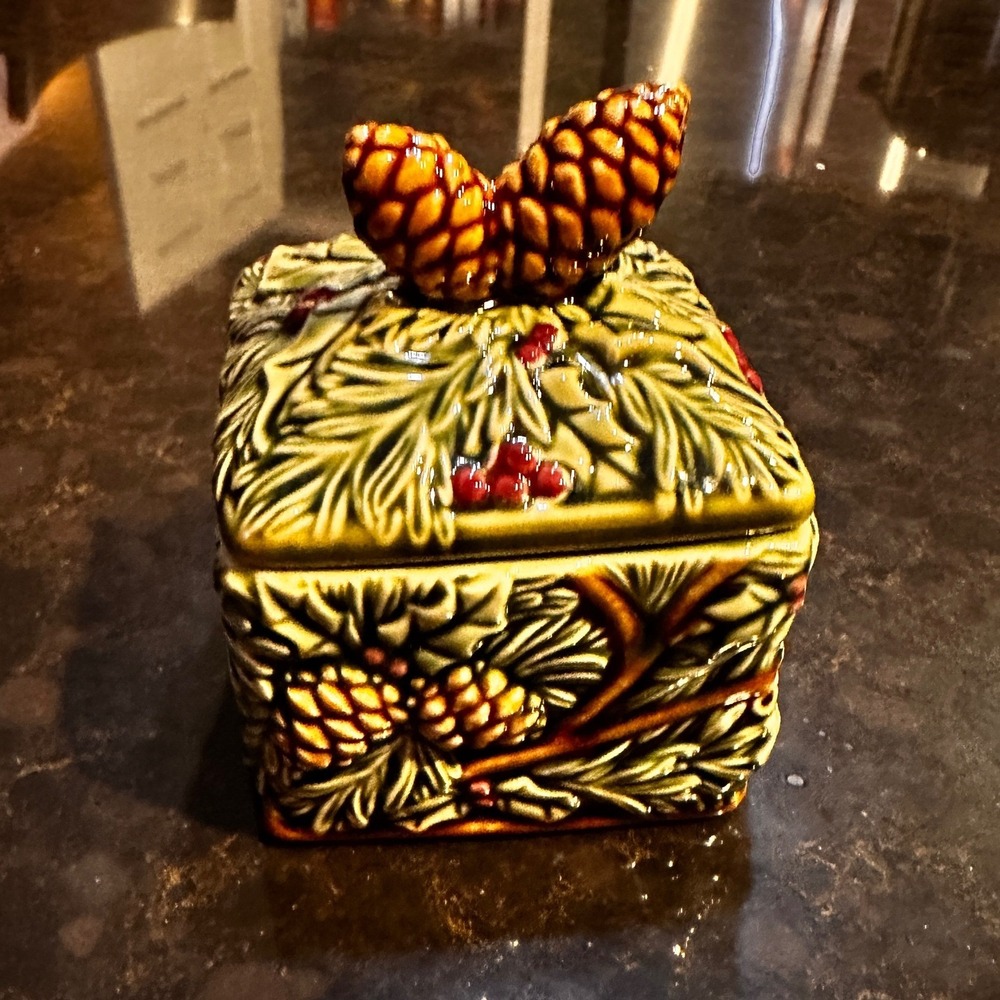 Grasslands Road Ceramic Pinecone Candle Jar with Lid Christmas Winter Decor
